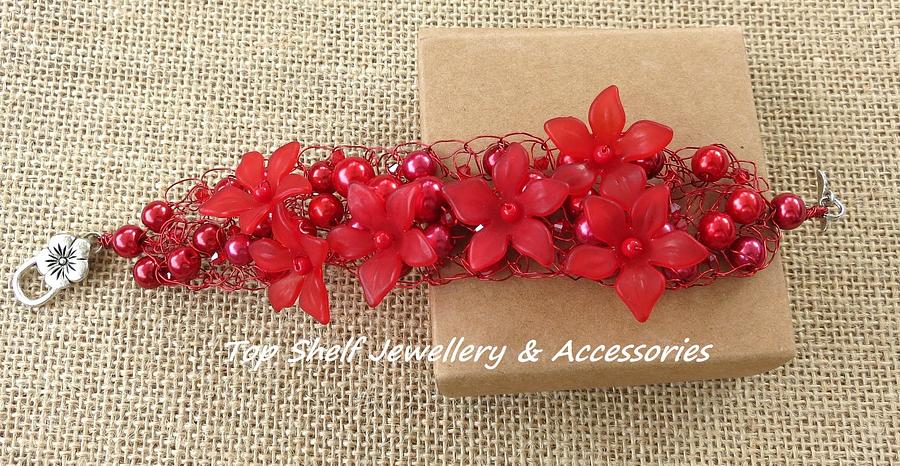 Red Glass Pearls and Petal Crochet Cuff Bracelet