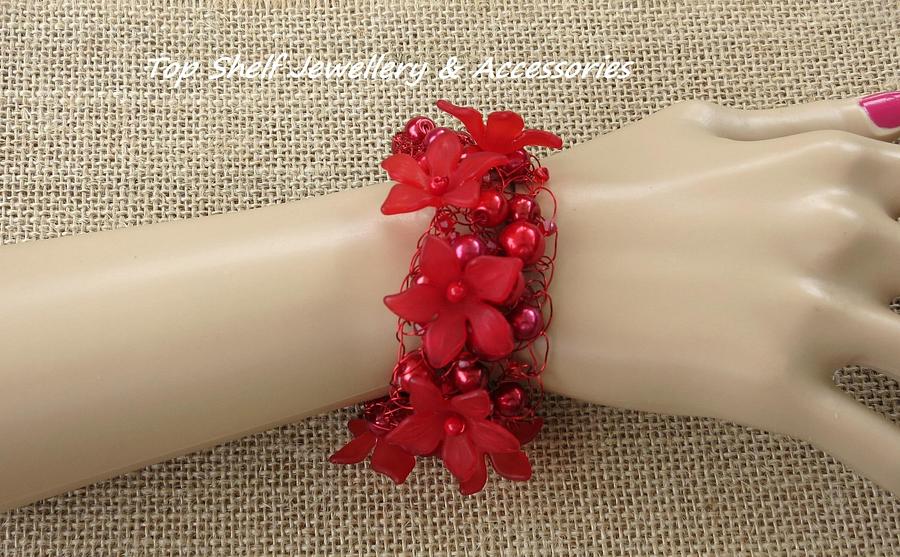 Red Glass Pearls and Petal Crochet Cuff Bracelet