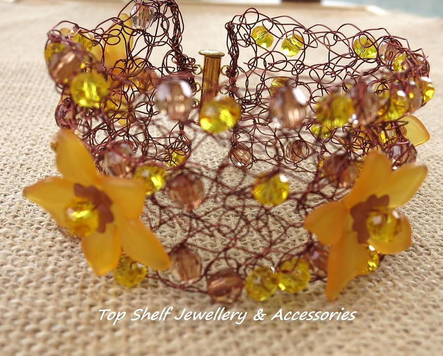 Crochet wire and beaded flower Cuff Bracelet