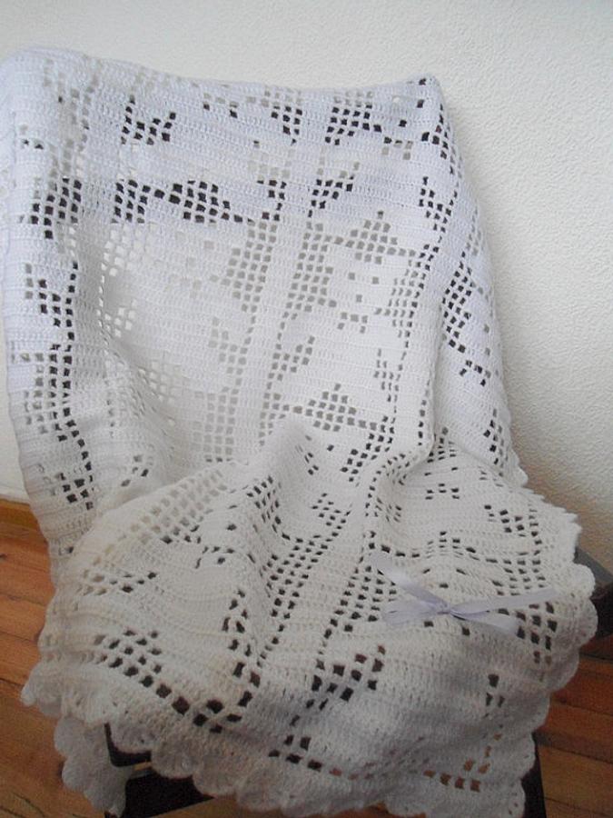 Crochet Baby Blanket, Teddy Bear Blanket, White Crochet Baby Blanket, Christening