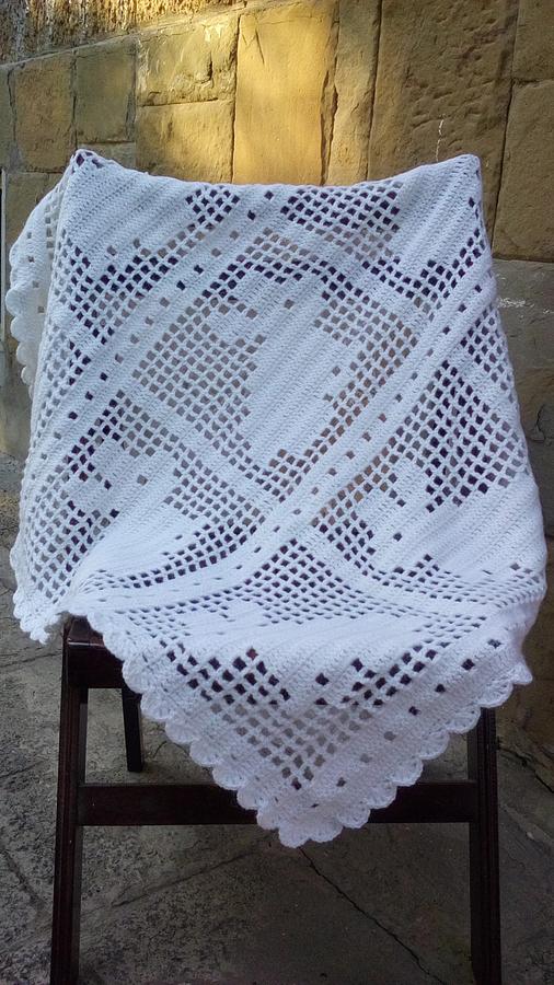 Filet Crochet Bunny Blanket, Crochet Baby Blanket, White Baby Afghan