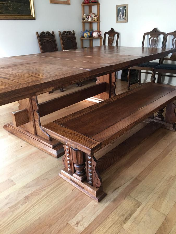 Oak dining table with benches