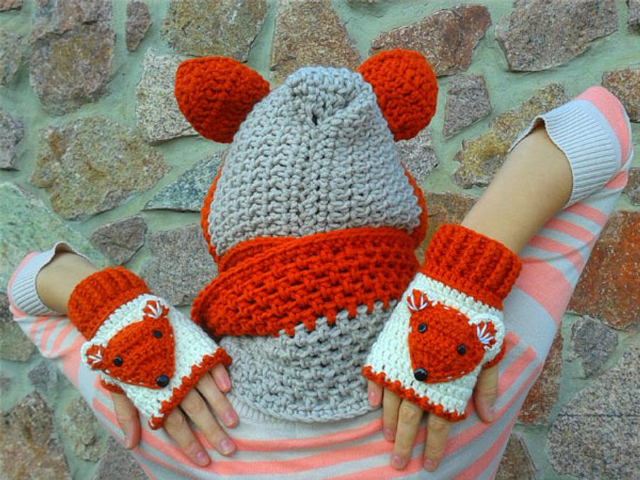 Crochet Fox Hood Scarf With Fingerless Gloves