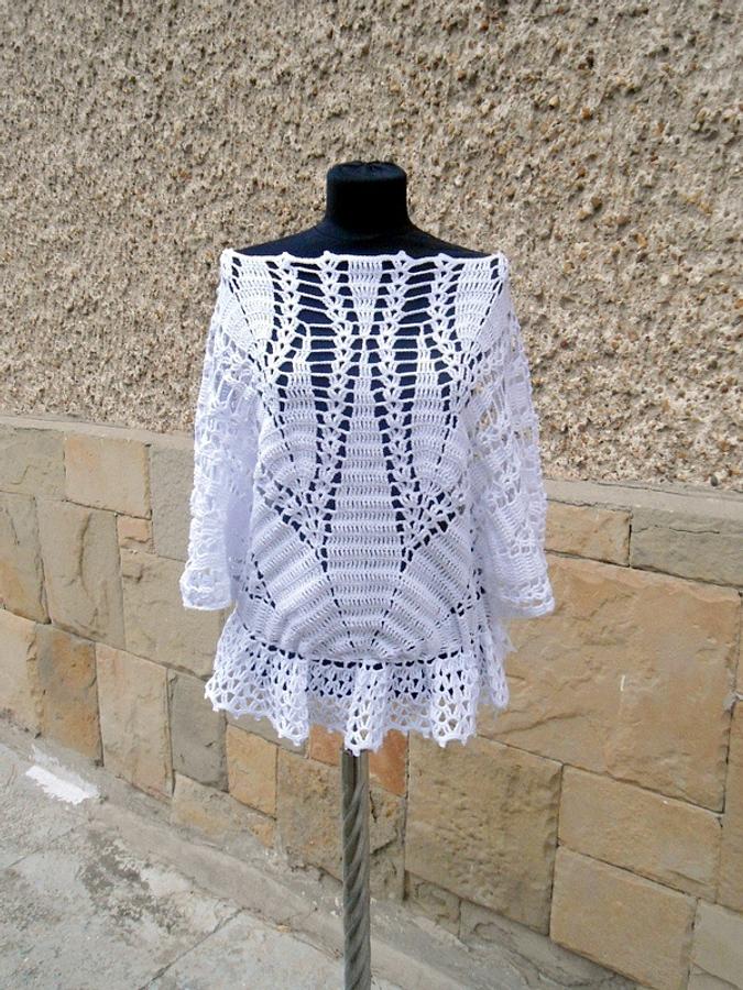 Crochet WhiteTunic, Women Sweater. Lace Blouse, Crochet Jumper