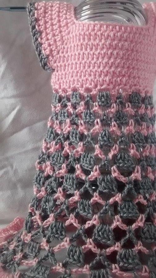 FREE SHIPPING, Baby girl, pink and gray dress, handmade crocheted baby, girl clothes, Spring dress,