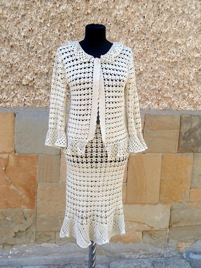 Crochet suit, Crochet Suit In Handmade, Two piece suit jacket and skirt, Lace women Costume