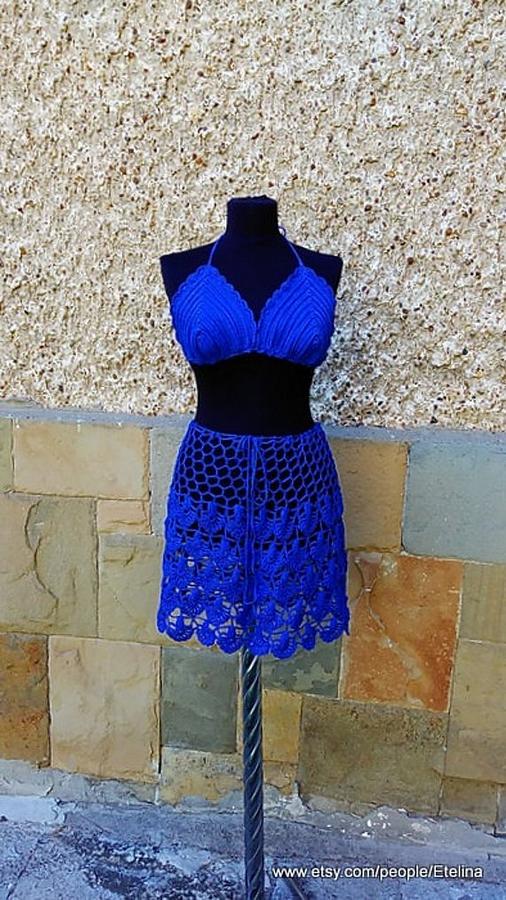 Crochet Beach Set, Blue Crochet Skirt, Crochet Bustier, Lace Suit, Resort Cover up, Summer Lace