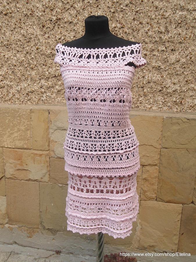 Crochet Dress, Light Pink Crochet Dress, Crochet Cocktail Dress, Exclusive Handmade 