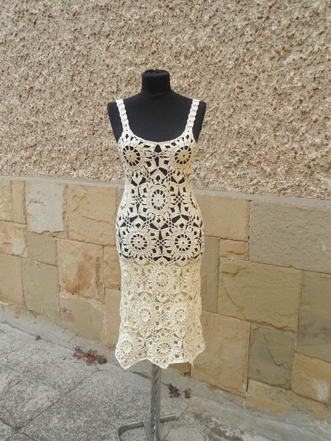 Crochet Dress, Summer Lace Dress, Lace Champagne Dress, Exclusive Handmade Dress