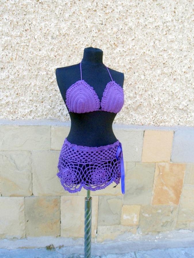 Crochet Beach Wear, Crochet Purple two piece crochet top and skirt, Crochet Cover up