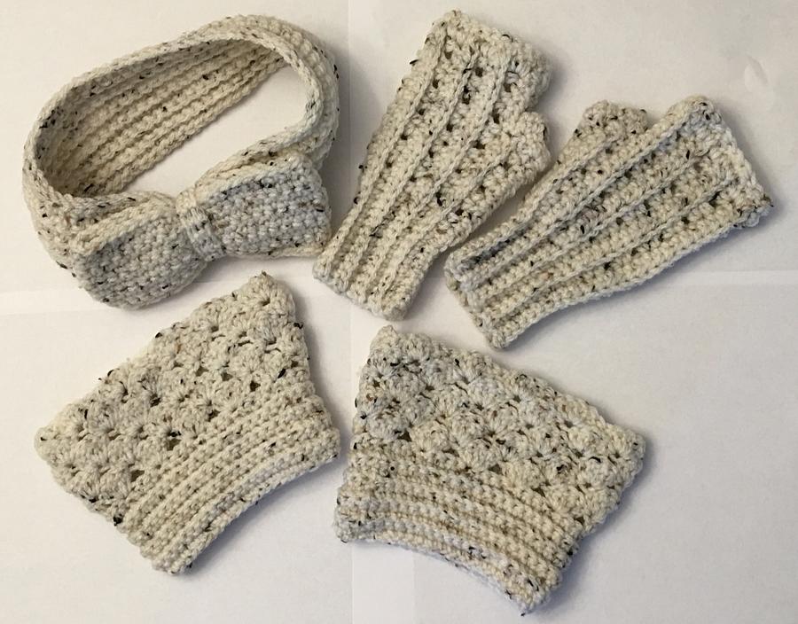 Pearl Fleck Bow Headband, Fingerless Gloves, Boot Cuffs Set