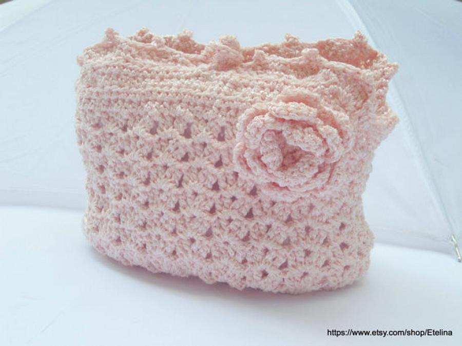 Light Pink Crochet Bag, Wedding Bridal Purse Flower Pin