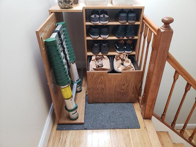 Custom Entryway Shoe Cubby with Recycling and Ladder Storage