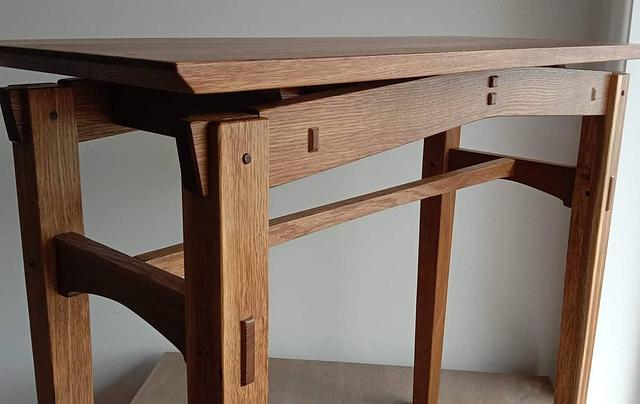 Fumed utility table in American Oak and recycled English Oak and walnut
