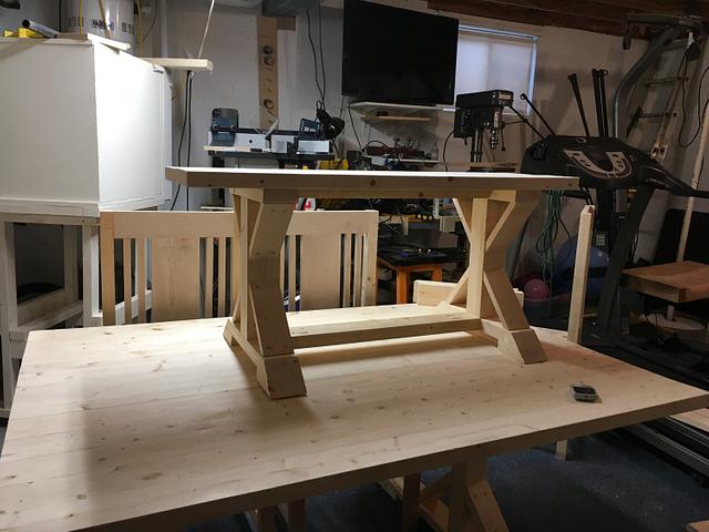 Farmhouse table, bench and chairs