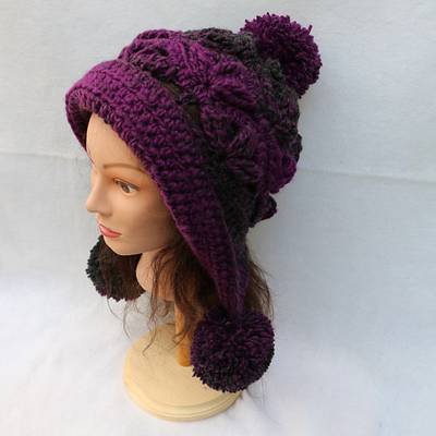 Frozen Snow Hat in Lion Brand Scarfie Yarn.  Magenta/Charcoal - Project by Donelda's Creations