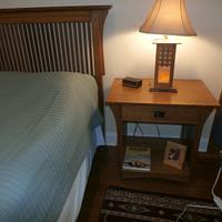 Bed, night tables, lamp.   Arts and Crafts Heirloom Style
