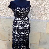 Black Crochet Dress, Little Black  Dress, Lace Wedding Dress, Hearts Motif,  Handmade Dress