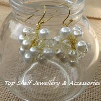 Crochet wire and beaded pearl and clear earrings