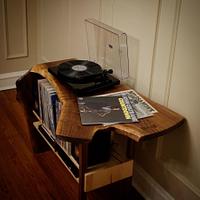 Crotch Walnut Waterfall Record Player Table - Project by BerchtoldDesignBuild