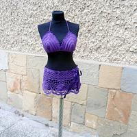 Crochet Beach Wear, Crochet Purple two piece crochet top and skirt, Crochet Cover up