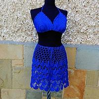 Crochet Beach Set, Blue Crochet Skirt, Crochet Bustier, Lace Suit, Resort Cover up, Summer Lace