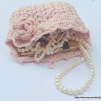 Light Pink Crochet Bag, Wedding Bridal Purse Flower Pin - Project by etelina