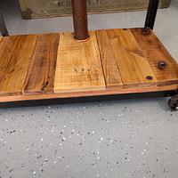 Steel and reclaimed wood rolling shelves/entertainment stand