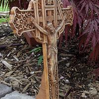 carved wooden cross on stand (rustic)