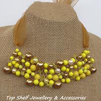 Lemon and Gold crochet wire and beaded Bib Necklace