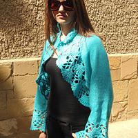 Knitted Turquoise Shrug, Long Sleeves Bolero, Turquoise Bolero, Delicate Romantic, Lace Chic - Project by etelina