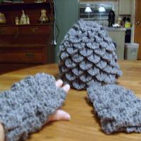 Gray Crocheted Crocodile Stitch Hat & Fingerless Gloves 