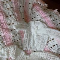 afghan in pink n white and knitted and crotchet matinee - Project by evepudding