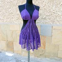 Purple Lace Beach Dress, Crochet Skirt Boho Tunic, Fashion Dress Cover Up, Cotton Cover Tunic