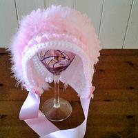 White and pink frilled baby bonnet - Project by Catherine 
