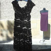 Black Crochet Dress, Little Black  Dress, Lace Wedding Dress, Hearts Motif,  Handmade Dress