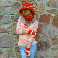 Crochet Fox Hood Scarf With Fingerless Gloves - Project by janegreen