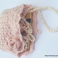 Light Pink Crochet Bag, Wedding Bridal Purse Flower Pin