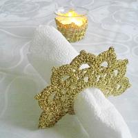 Tea Candle Holder and  Crochet Napkin Rings,  Golden Crochet Table Holder, Wedding Celebration - Project by etelina