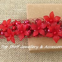 Red Glass Pearls and Petal Crochet Cuff Bracelet