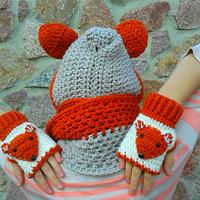 Crochet Fox Hood Scarf With Fingerless Gloves