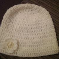 cream beanie with button flower - Project by maggie craig