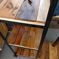 Steel and reclaimed wood rolling shelves/entertainment stand