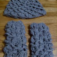 Gray Crocheted Crocodile Stitch Hat & Fingerless Gloves 