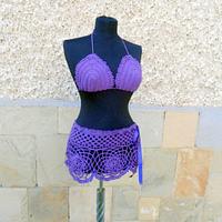 Crochet Beach Wear, Crochet Purple two piece crochet top and skirt, Crochet Cover up