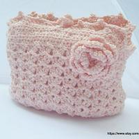 Light Pink Crochet Bag, Wedding Bridal Purse Flower Pin