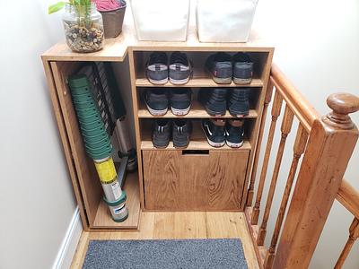 Custom Entryway Shoe Cubby with Recycling and Ladder Storage - Project by Alexis