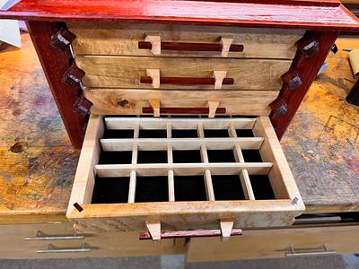 Pagoda Style Jewelry Boxes in Wenge, Padauk and Birdseye Maple - Project by Alan Sateriale