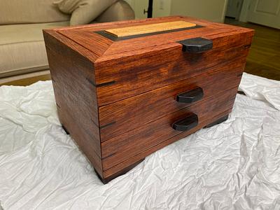 Jewelry Box I made in Bubinga, Birdseye Maple, Wenge and Birch.   - Project by Alan Sateriale