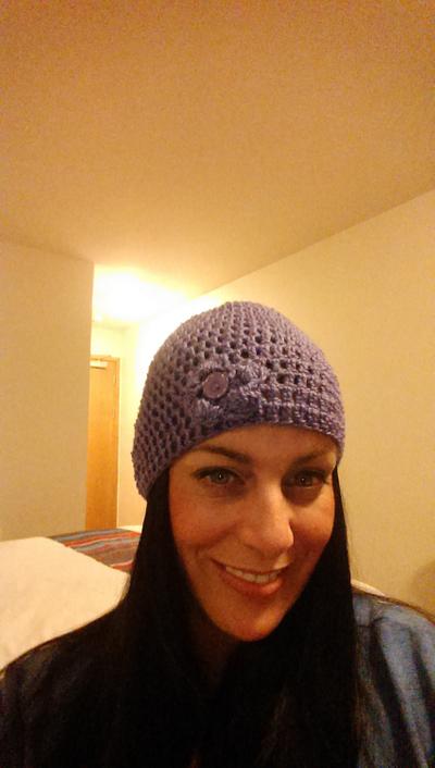 purple beanie with flower - Project by maggie craig